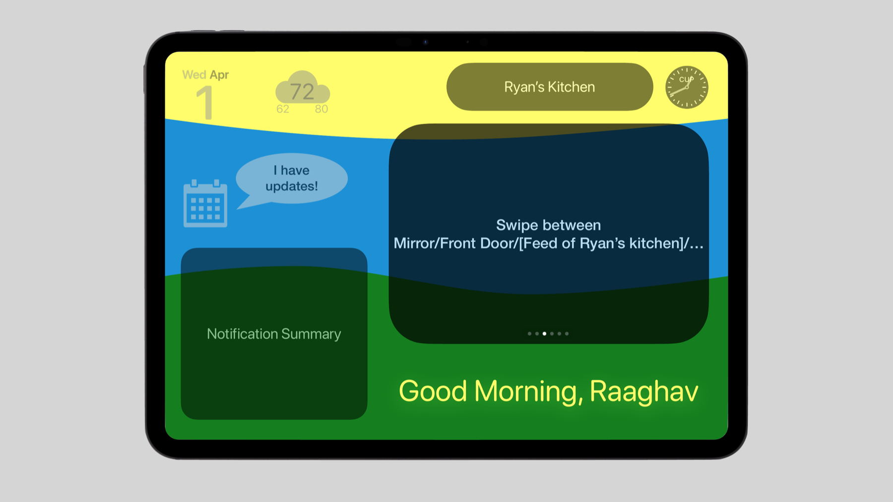 Early Keynote mockup of Frame showing updates, weather, greeting, and a swipeable home feed on an iPad