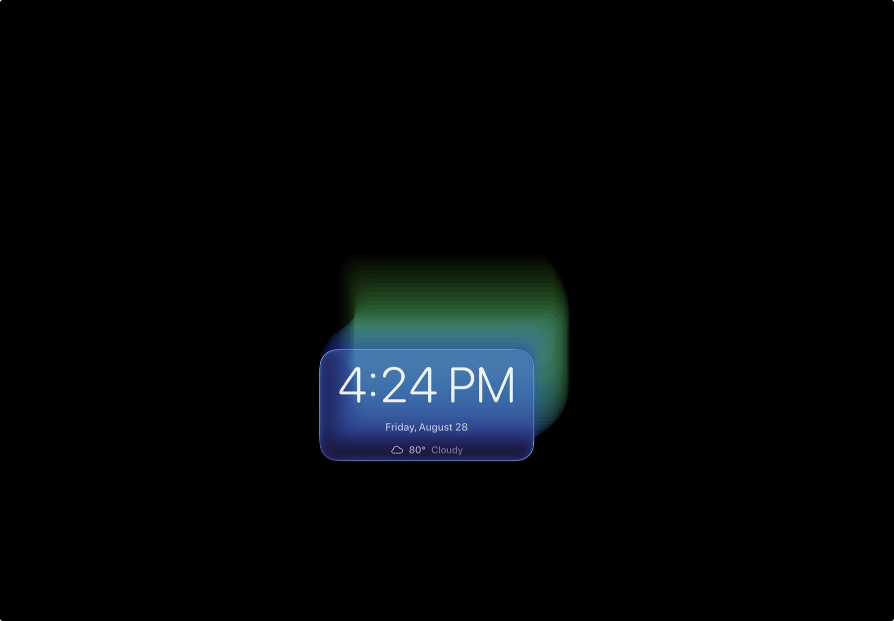 Frame screensaver showing a dim moving clock with date and weather on a black background
