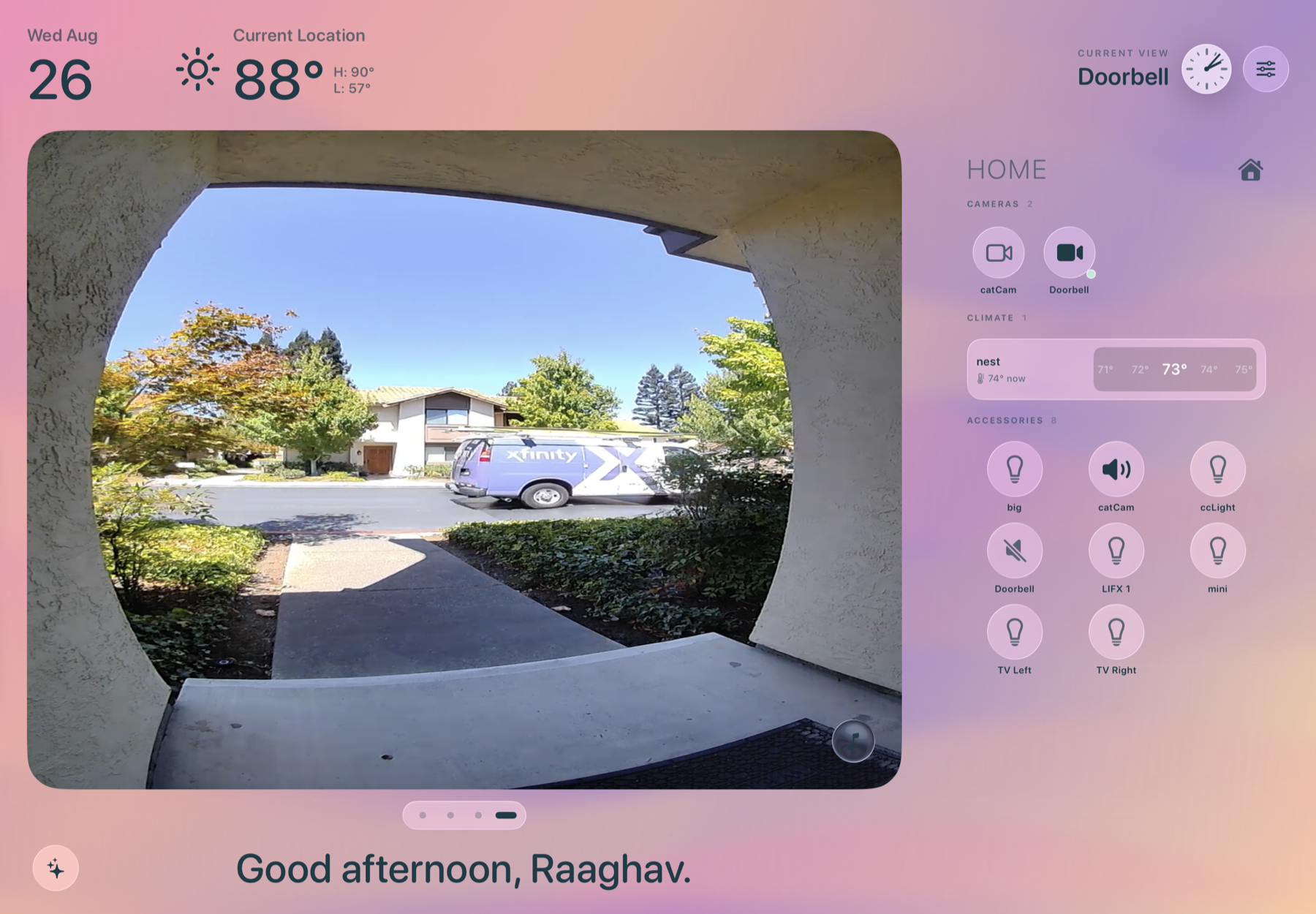 Frame dashboard showing a real Doorbell camera feed alongside HomeKit controls and weather