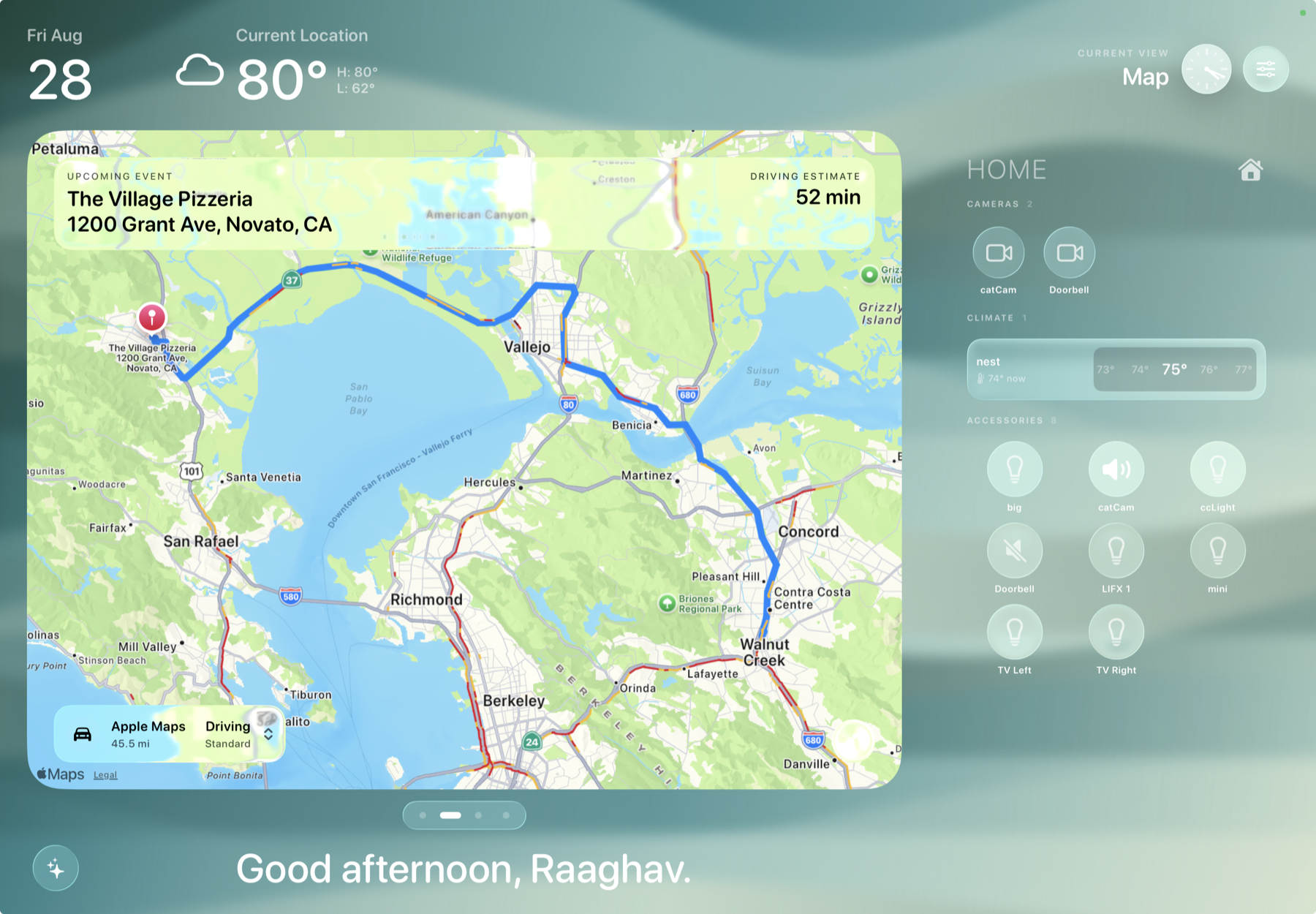 Frame map view with an upcoming destination and a focused HomeKit controls panel