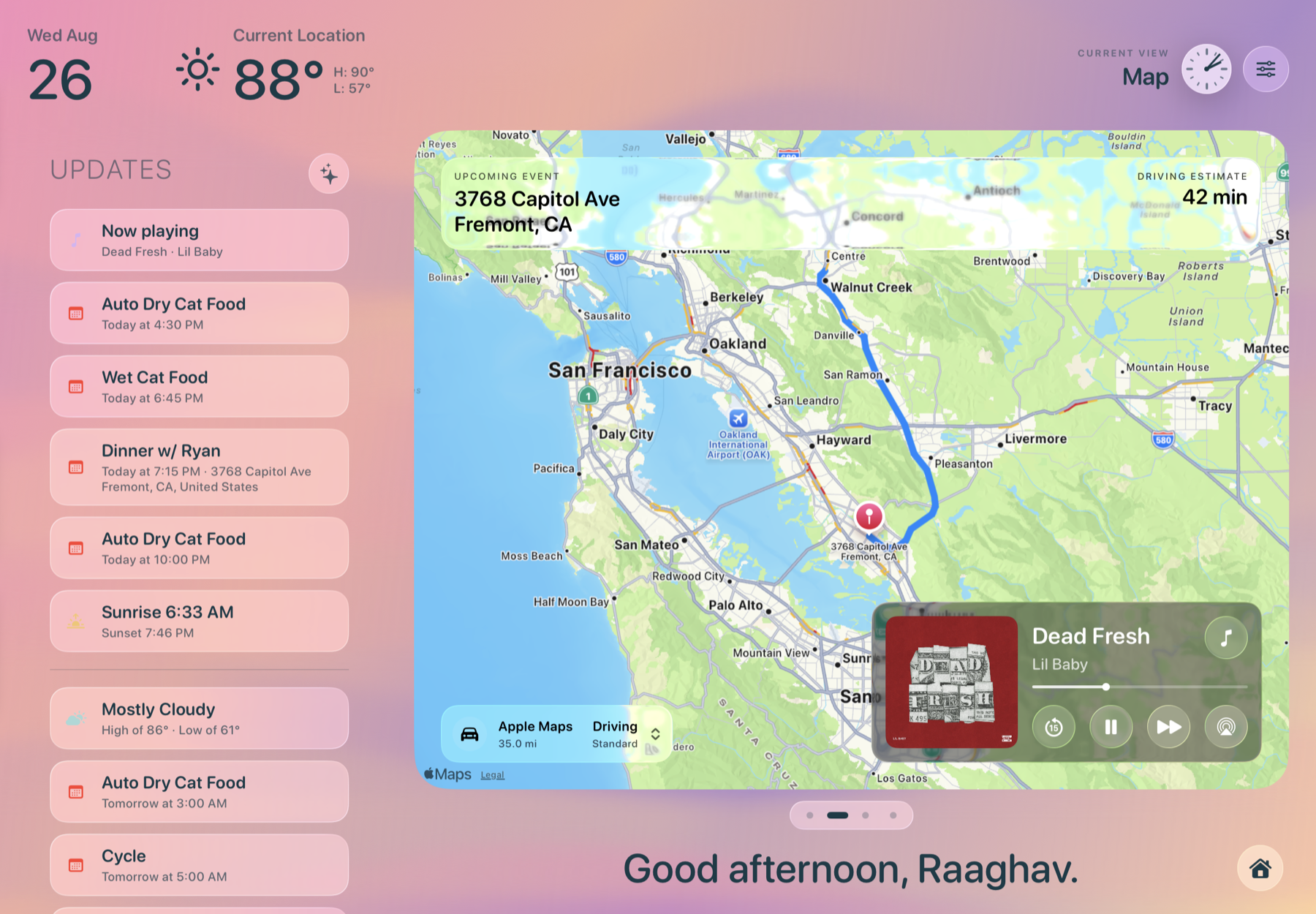 Frame map view showing an upcoming event, driving estimate, calendar updates, and ambient music