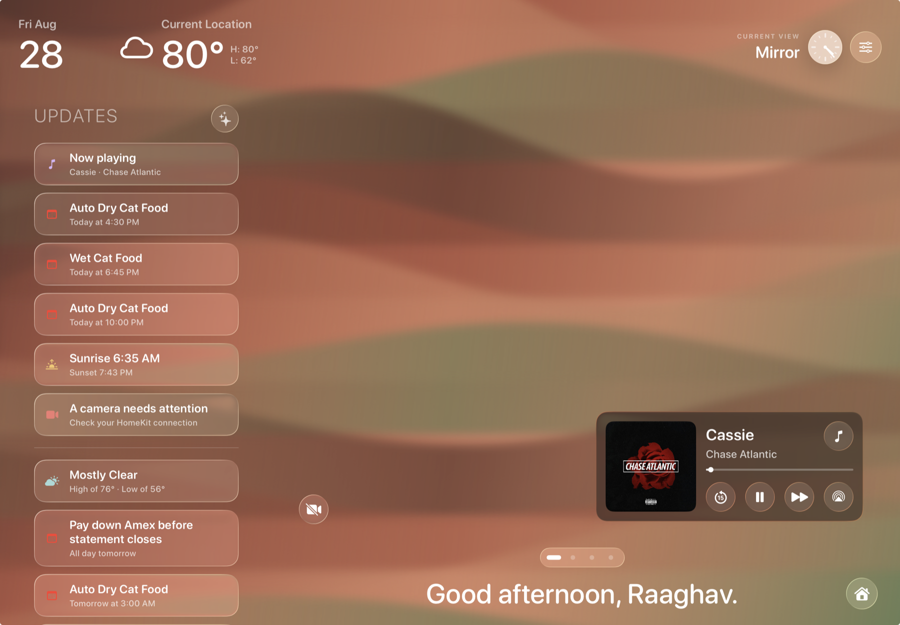 Frame dashboard showing Now Playing, album artwork, and music playback controls