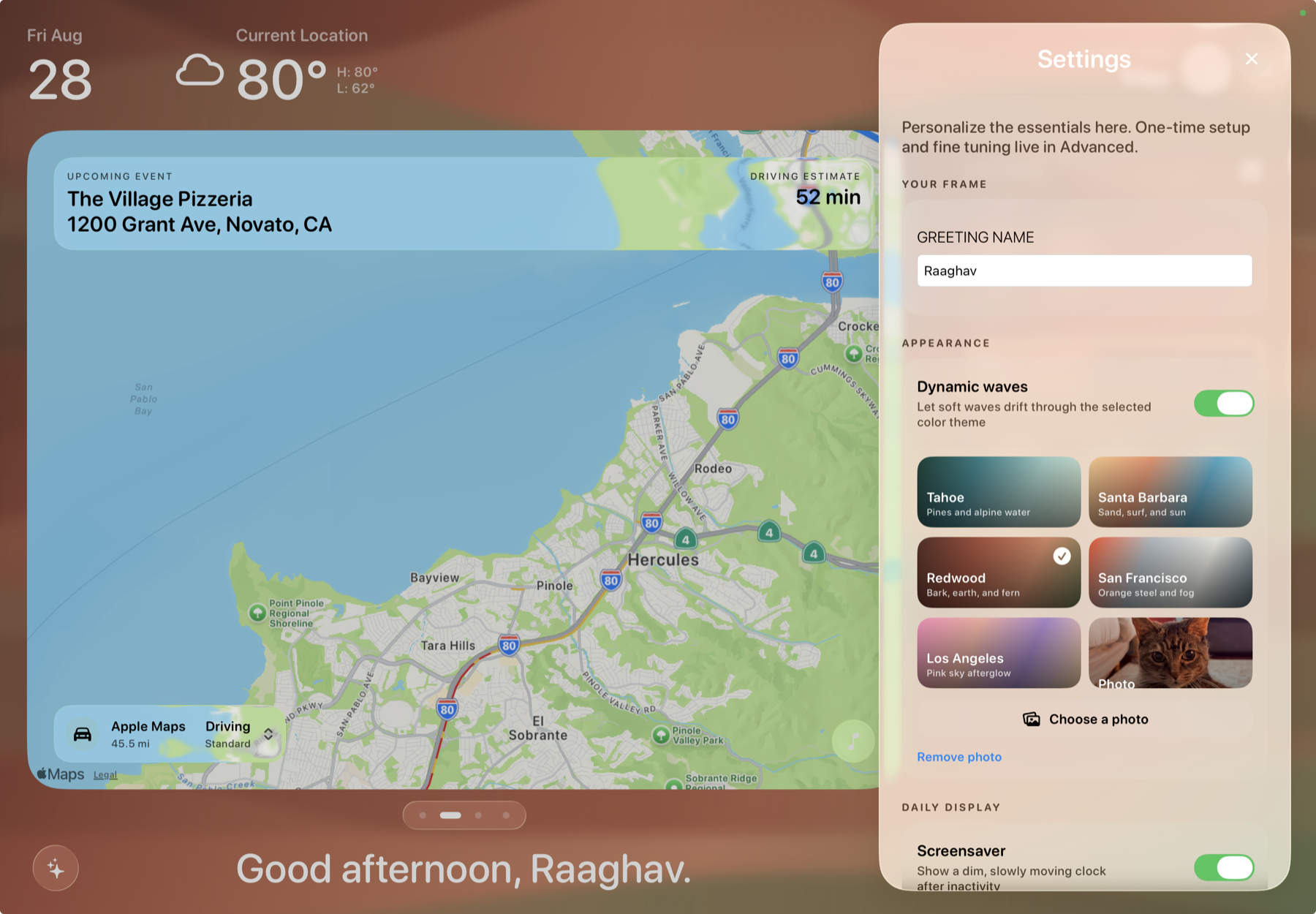 Frame map view beside Settings for greeting, dynamic waves, color themes, photos, and screensaver behavior