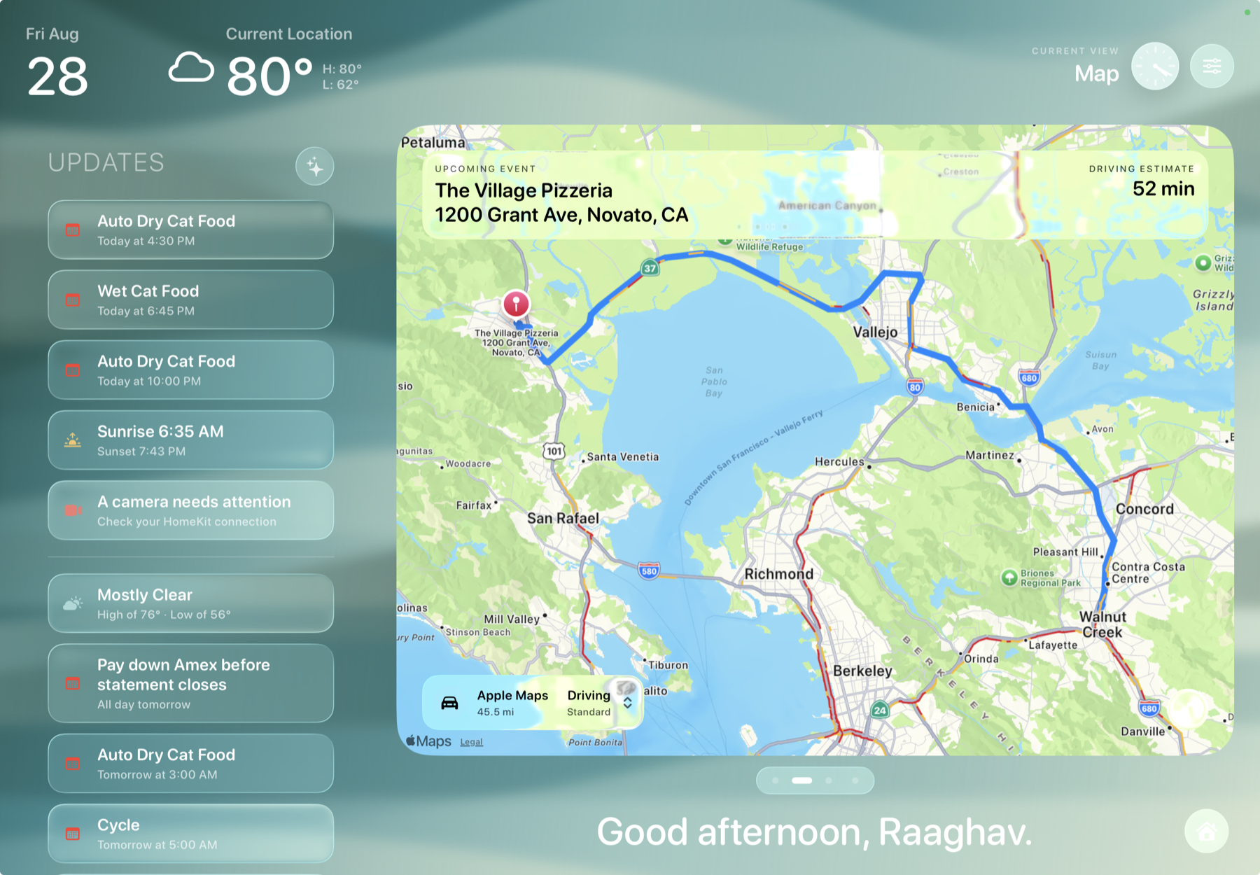 Frame Updates feed beside a map, combining calendar events, weather, travel time, and home context