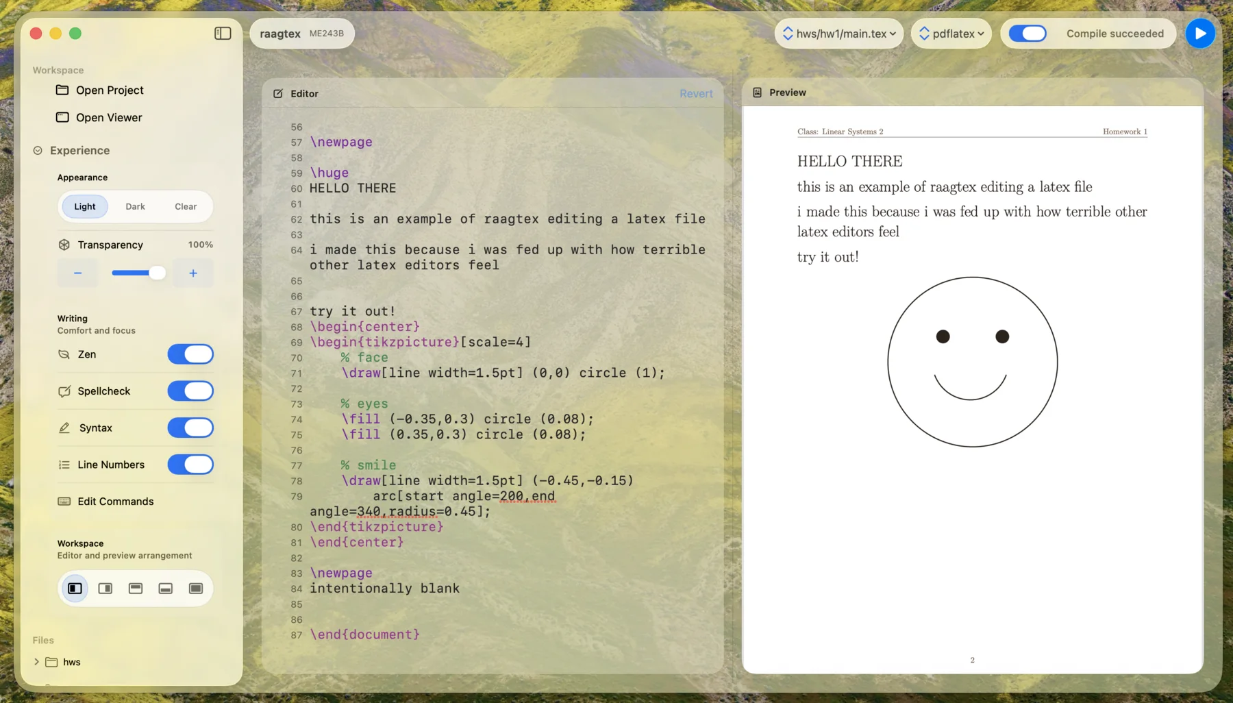 Raagtex on macOS with project navigation, LaTeX editor, controls, and live PDF preview